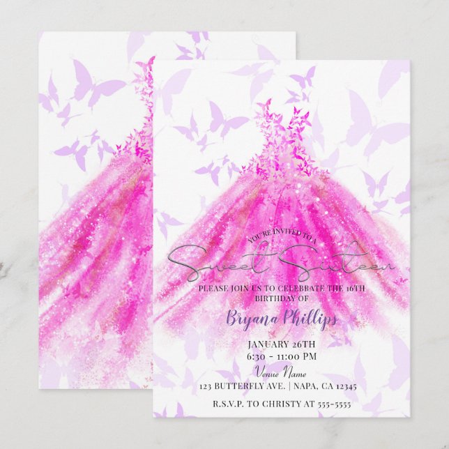 Butterfly Dance Purple Hot Pink Dress Sweet 16 Invitation (Front/Back)