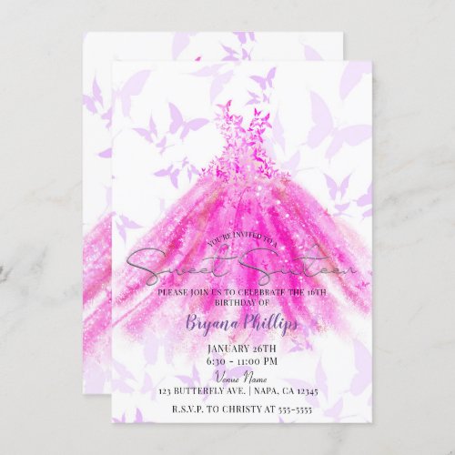 Butterfly Dance Purple Hot Pink Dress Sweet 16 Invitation