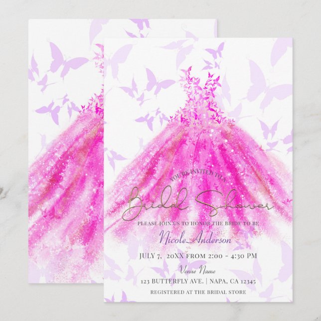 Butterfly Dance Purple & Pink Dress Bridal Shower Invitation (Front/Back)
