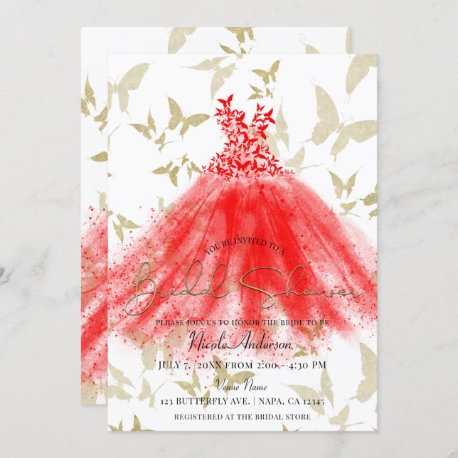 Butterfly Dance Red Dress Gold Bridal Shower Invitation (Front/Back)