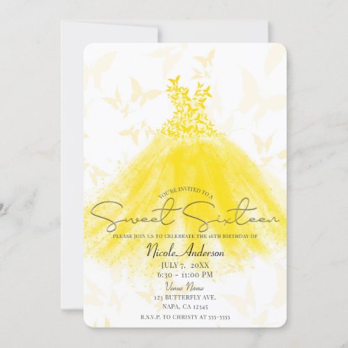 Butterfly Dance Yellow Dress Sweet 16 Party Invitation