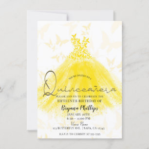 Butterfly Dance Yellow Sparkle Dress Quinceañera Invitation