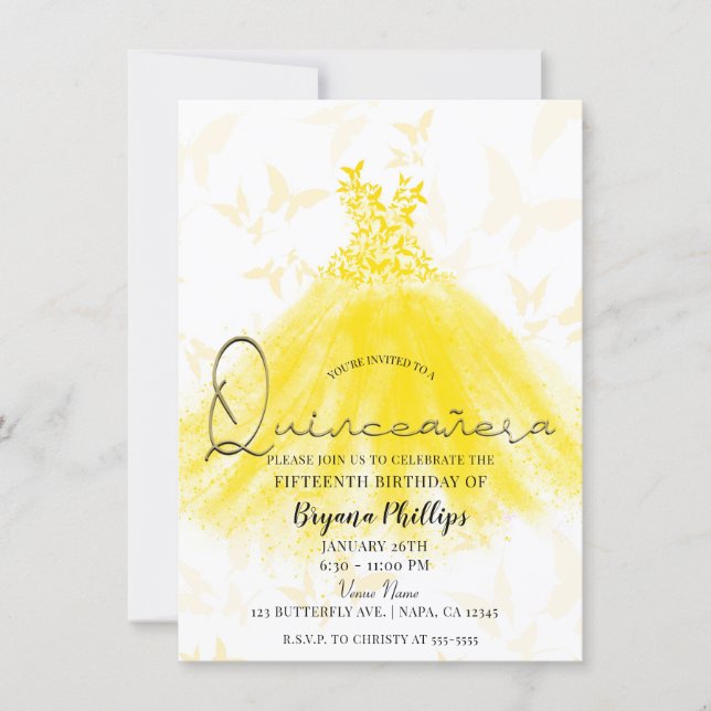 Butterfly Dance Yellow Sparkle Dress Quinceañera Invitation (Front)