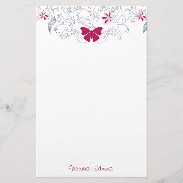 Butterfly Dark Pink Whimsy Personalized Stationery (Front)