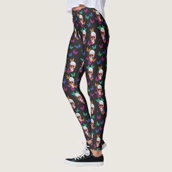 Butterfly Day Of The Dead Gothic Sugar Skull Leggings by customthreadz at Zazzle