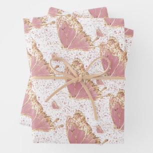 Butterfly Deco Pink Yellow Gold Speckles Wrapping Paper Sheets