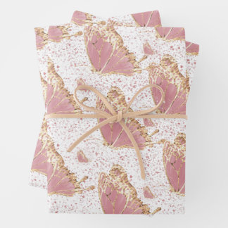 Butterfly Deco Pink Yellow Gold Speckles Wrapping Paper Sheets