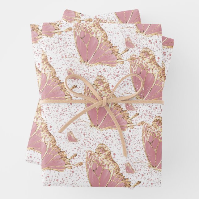 Butterfly Deco Pink Yellow Gold Speckles  Wrapping Paper Sheets (In situ)