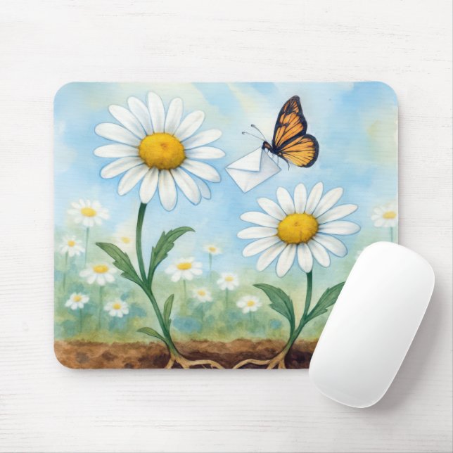 Butterfly Delivering Mail to a Daisy Mouse Pad (With Mouse)