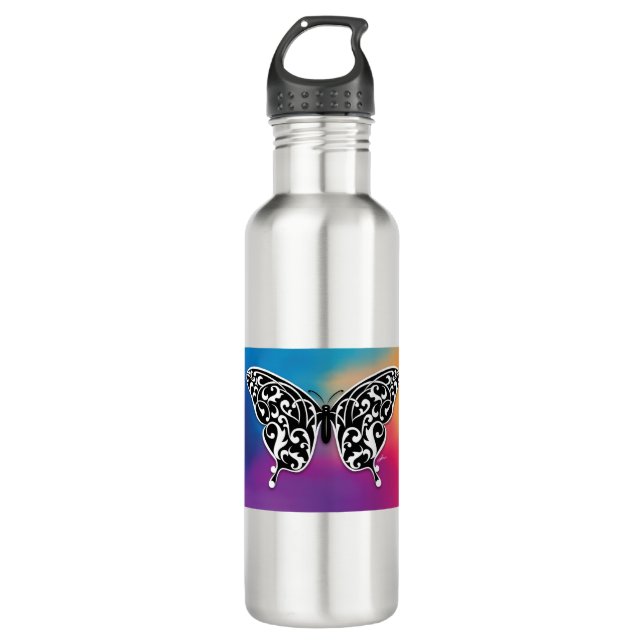 Butterfly Design with Sunset Colors Stainless Steel Water Bottle (Front)