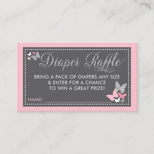 Butterfly Diaper Raffle Ticket, Pink Gray Business Card (Front)