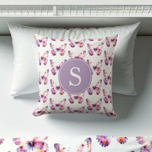 Butterfly Dorm Room Ideas For Girls Throw Pillow (monogrammed butterfly pattern pillow girl's dorm room decor pink and purple)