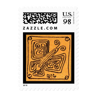 Butterfly drawing on ochre postage stamp