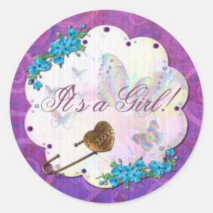 Butterfly Dream Scene Jeweled ITS A GIRL Classic Round Sticker