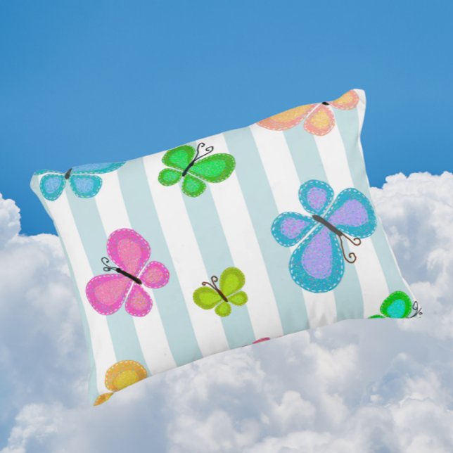 Butterfly Dreams Blue Stripe Accent Pillow (Charming folk art butterflies!)