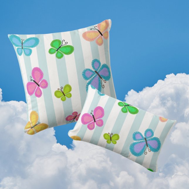 Butterfly Dreams Blue Stripe Throw Pillow (Charming colorful folk art butterflies!)