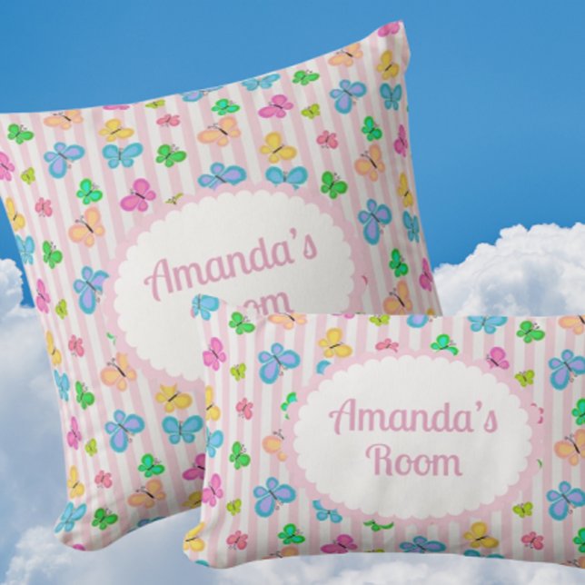 Butterfly Dreams Personalized Pink Stripe  Throw Pillow (Personalize these sweet pillows for someone special!)