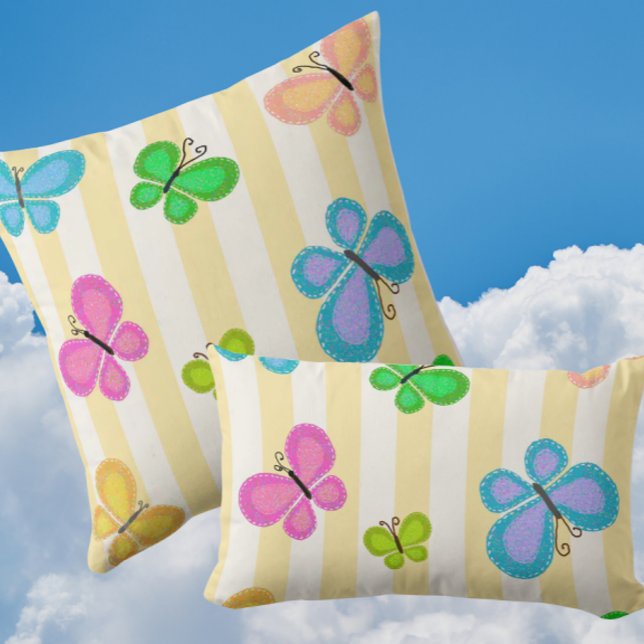 Butterfly Dreams Yellow White Stripe Throw Pillow (Folk art butterflies on sunny yellow white stripe)