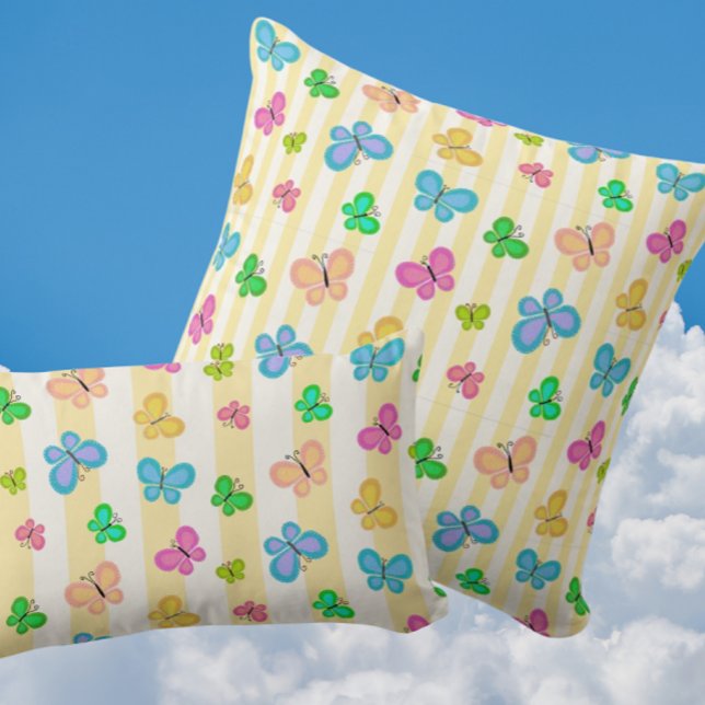 Butterfly Dreams Yellow White Stripe Throw Pillow (Folk art butterflies on sunny yellow stripes)