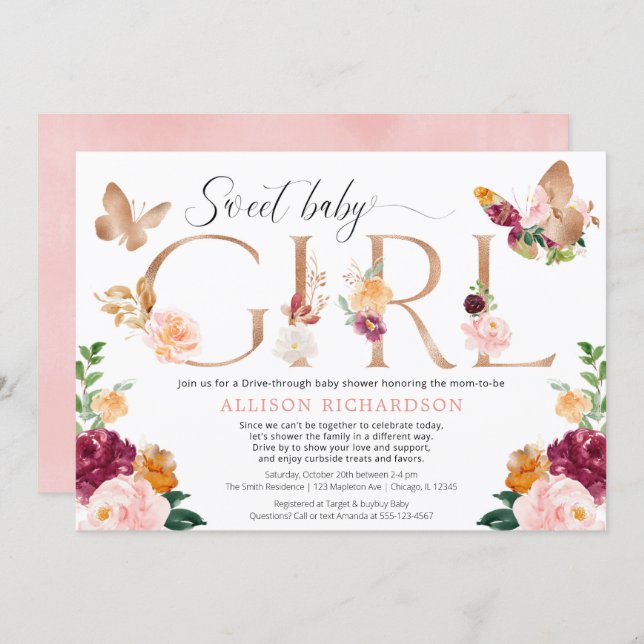 Butterfly Drive through blush pink burgundy girl Invitation (Front/Back)