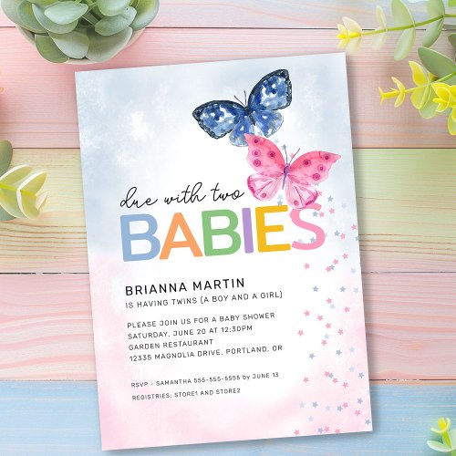 Butterfly Due with Two Boy Girl Twins Baby Shower Invitation