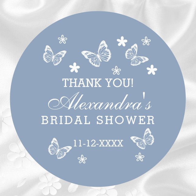 Butterfly Dusty Blue Bridal Shower Thank You Classic Round Sticker (Creator Uploaded)