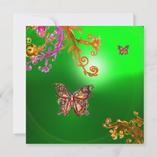 BUTTERFLY EMERALD GREEN bright pink yellow brown Invitation