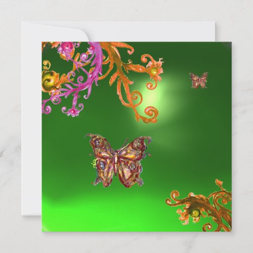 BUTTERFLY EMERALD GREEN bright pink yellow brown Invitation