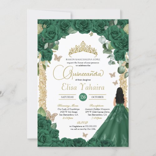 Butterfly Emerald Green Gold Princess Quinceanera Invitation