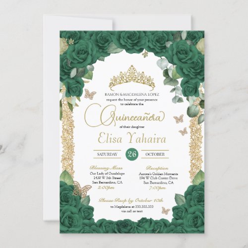 Butterfly Emerald Green Rose and Gold Quinceanera Invitation