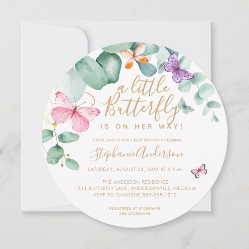Butterfly Eucalyptus Pink Gold Round Baby Shower Invitation