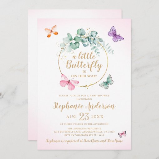 Butterfly Eucalyptus Wreath Pink Gold Baby Shower Invitation | Zazzle