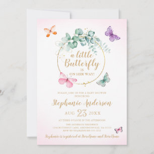 Butterfly Eucalyptus Wreath Pink Gold Baby Shower Invitation
