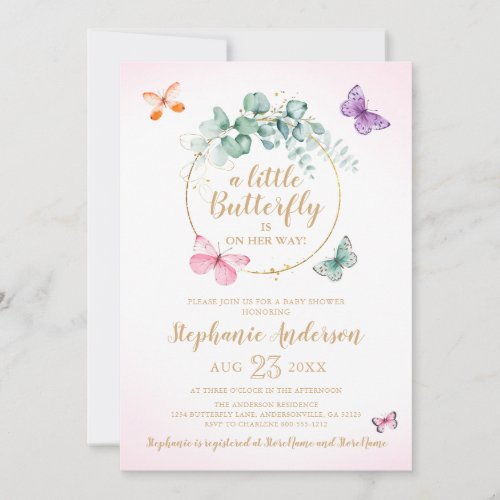 Butterfly Eucalyptus Wreath Pink Gold Baby Shower Invitation