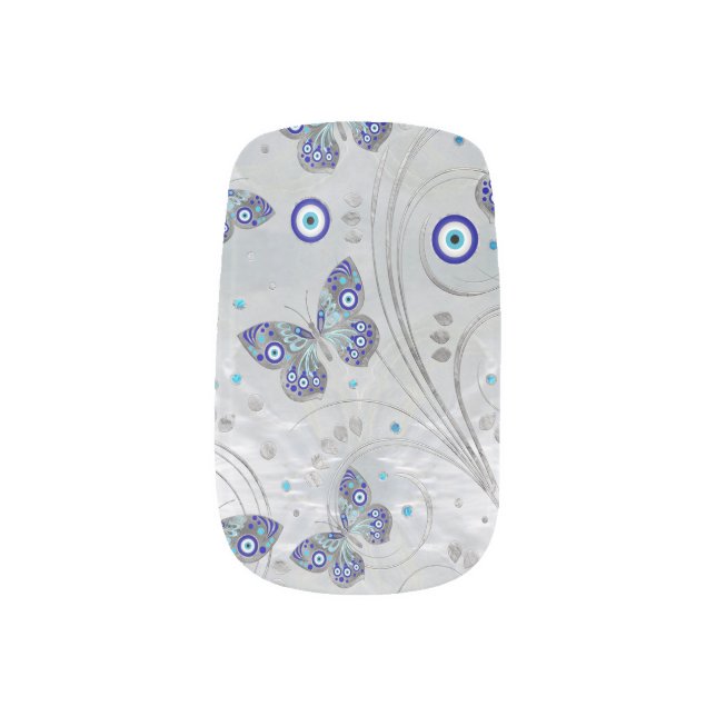 Butterfly Evil Eye Pattern on pearl Minx Nail Art (Right Thumb)