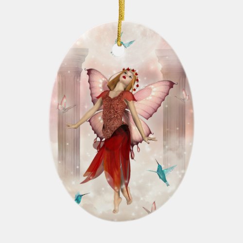 Butterfly Fairy and Hummingbirds Ceramic Ornament