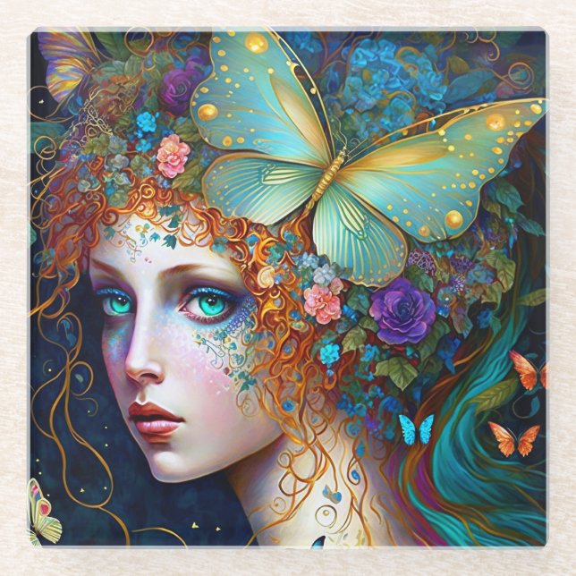 Butterfly Fairy Elf Lady Fantasy Art Glass Coaster (Front)