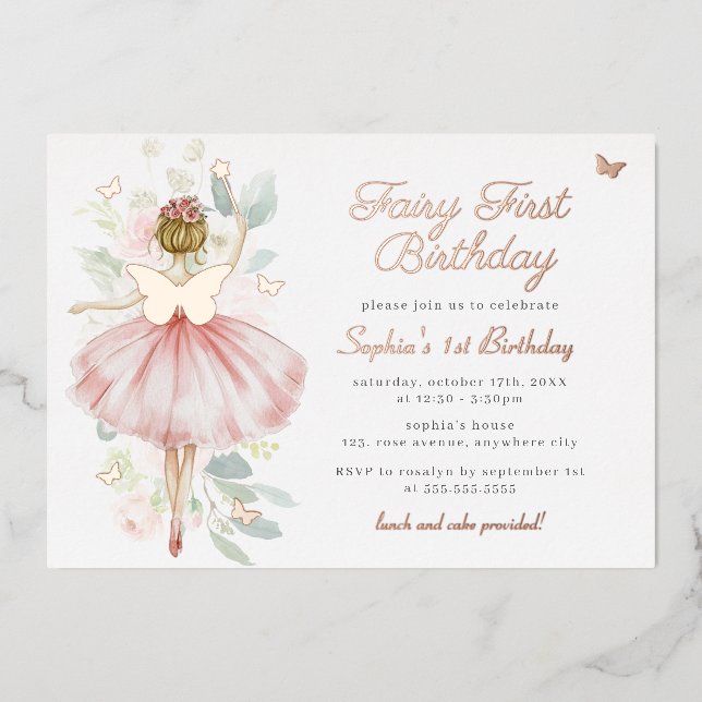 Butterfly Fairy First 1st Birthday Foil Invitation (Front)