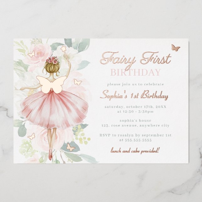Butterfly Fairy First 1st Birthday Gold  Foil Invitation (Front)
