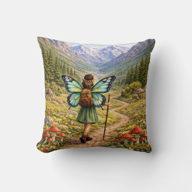 Butterfly Fairy Mountain Hiker | Fairycore Flower Throw Pillow (Front)