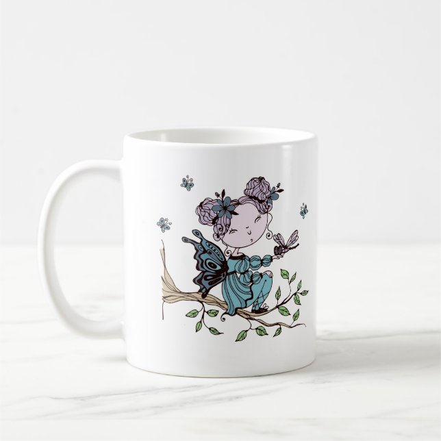 Butterfly Fairy on a Tree Branch Coffee Mug (Left)