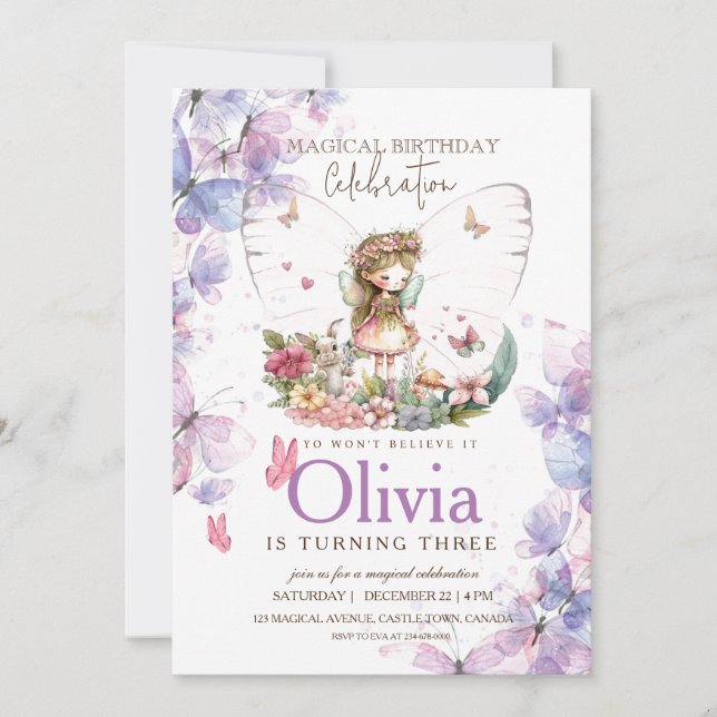 Butterfly Fairy Pink and Purple 3rd Birthday  Invitation (Front)