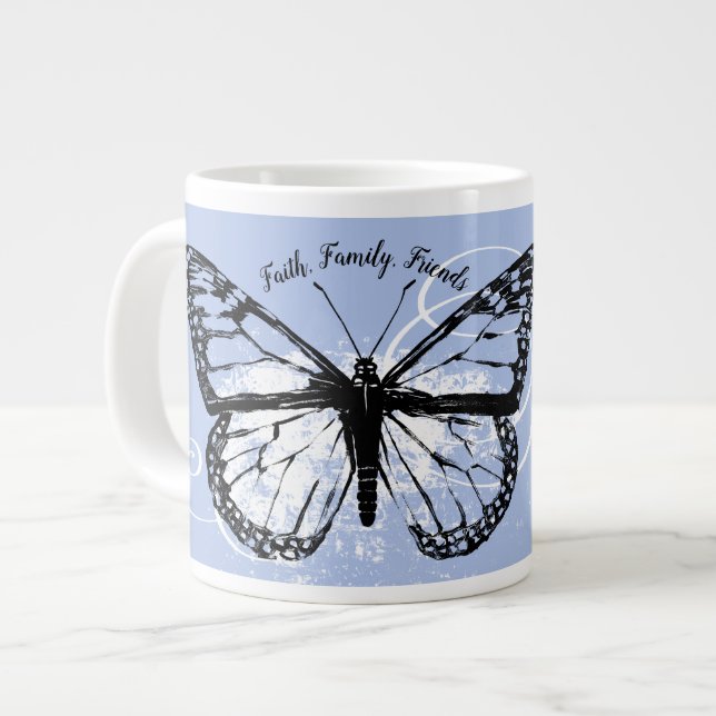 Butterfly Faith Family Friends Blue Monogrammed Giant Coffee Mug (Front Left)