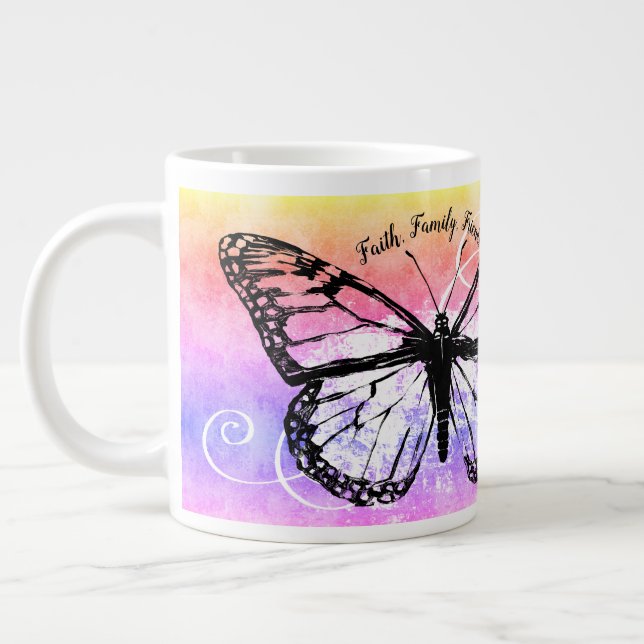 Butterfly Faith Family Friends Rainbow Monogram Giant Coffee Mug (Left)