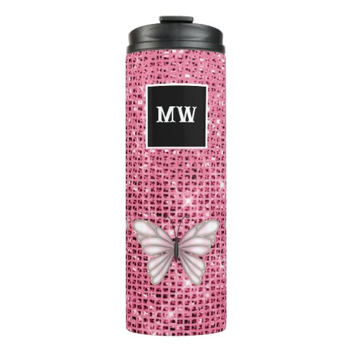 Butterfly fantasy pink glitter monogram girly thermal tumbler