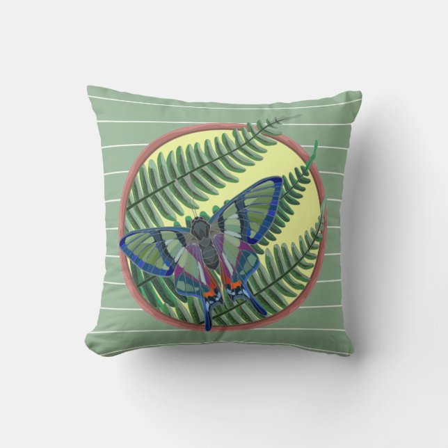 Butterfly & Fern, on pale green w white pinstripes Throw Pillow (Front)