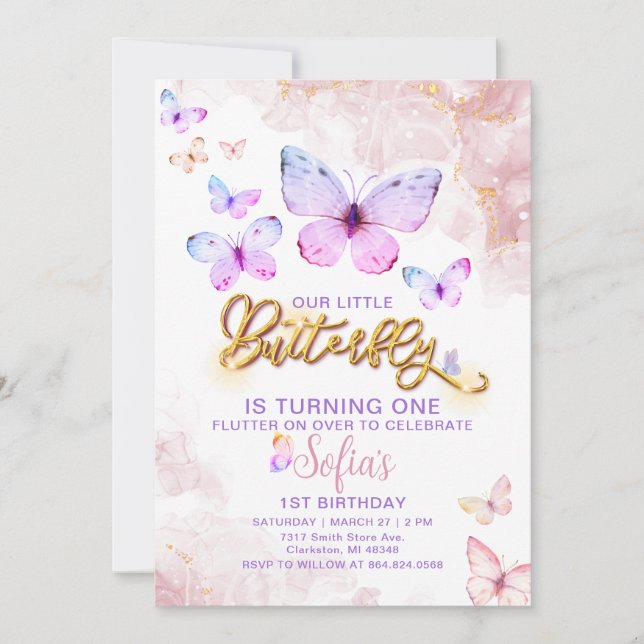 Butterfly First Birthday Girl 1st Invitation (Front)