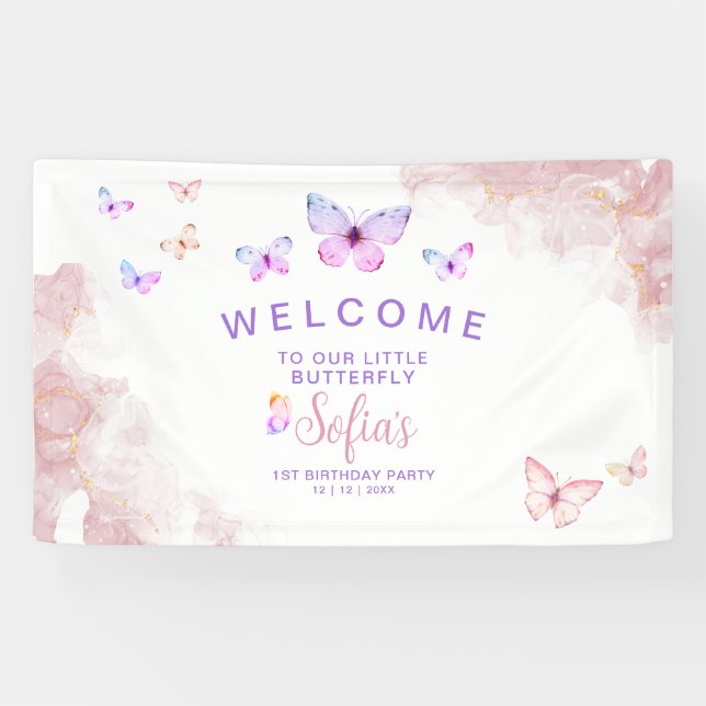 Butterfly First Birthday Girl 1st Pink Banner (Horizontal)