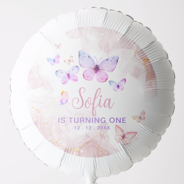 Butterfly First Birthday Girl 1st Pink Purple Balloon (Front)