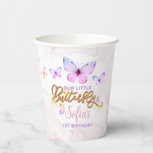 Butterfly First Birthday Girl 1st Pink Purple Paper Cups (Left)